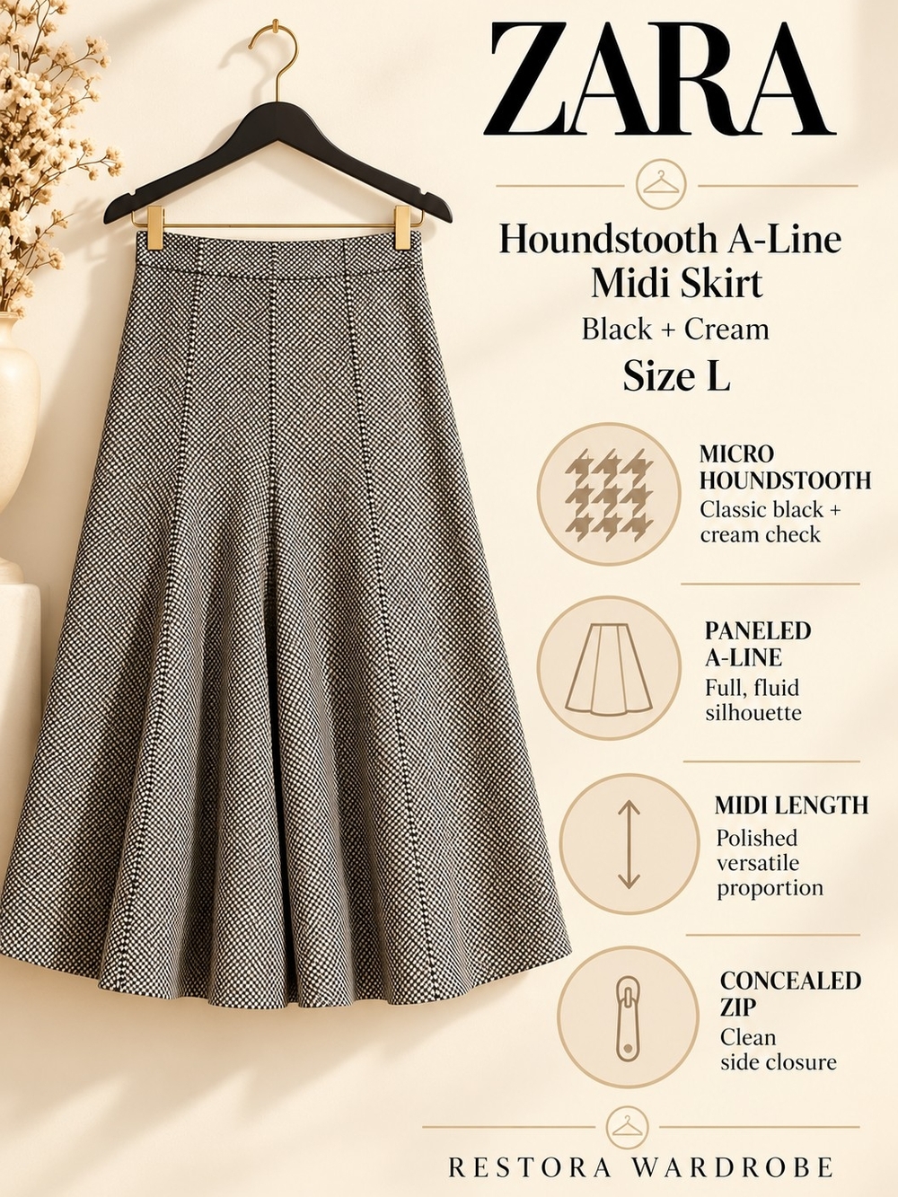 Zara Midi Skirt Black Cream Houndstooth A-Line Dark Academia Size L